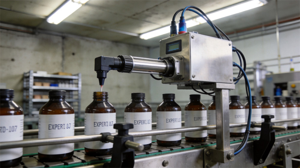 CIJ inkjet printer on a production line printing codes on bottles CIJ inkjet printer on a production line printing codes on bottles